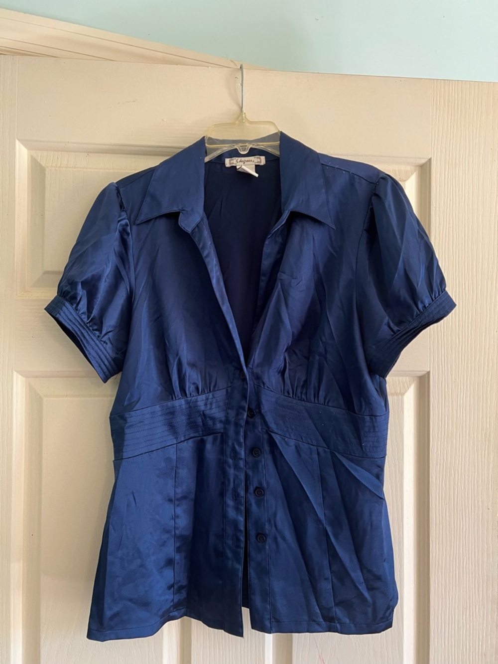6 degrees Navy Blue Short Sleeve Button-Front Blouse